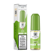 A product image showing a box and a bottle of Bar Juice 5000 Nic Salt Vape juice in Apple Peach flavor. The box is green and white with text, and the bottle is clear with a green label.
